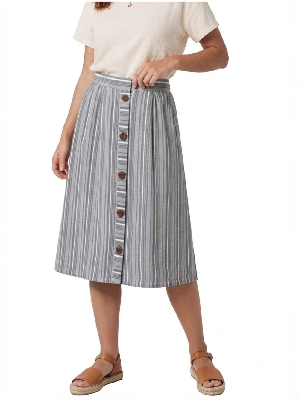 Lavish Linen Cotton Blend Blue & White Striped Button Front Midi Skirt Casual XL